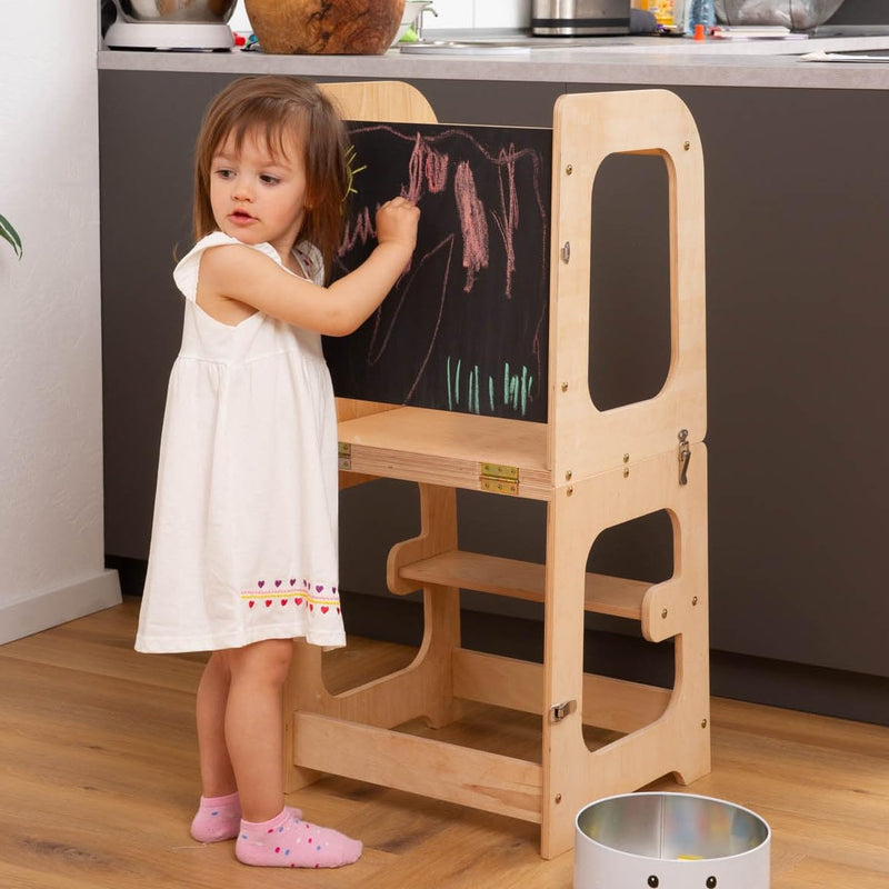 Montessori Lernturm Küchenhelfer Vielseitiger 3-in-1 Lernturm für Kinder ab 1 Jahr - Klappbarer Küchenhelfer mit Tafel, Tisch & Stuhl"