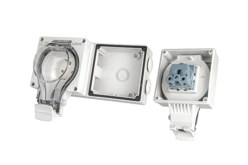 Surface-mounted Deuchtraum Schuko sockets 1-fold or 2-fold IP66 even when the plug is in operation (2-fold Schuko socket IP66)