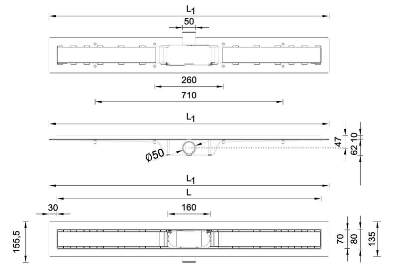 Stainless steel glass shower drain floor drain drain channel 40 cm - 100 cm for bathroom (smoke glass 80 cm)