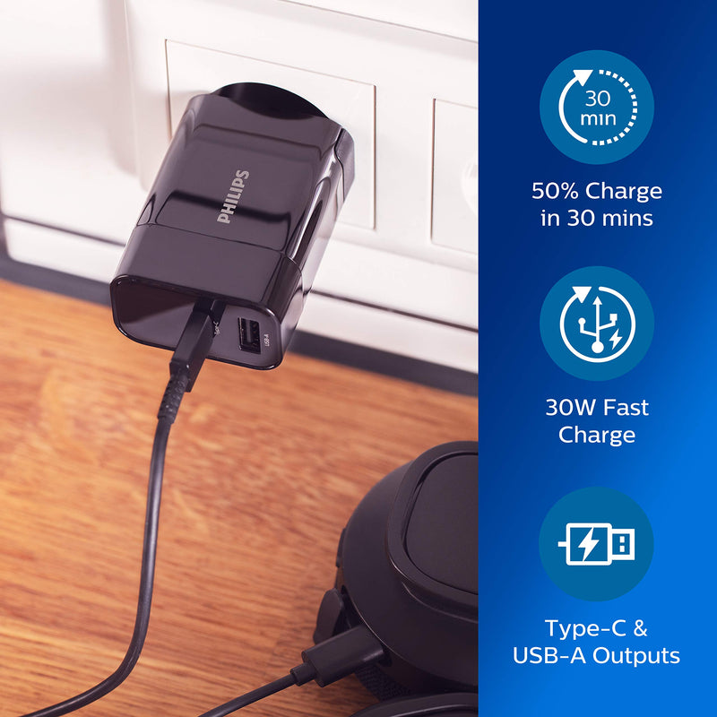 PHILIPS DLP2621/12 - USB charger - Type-C and USB-A outputs - 30 W fast charging - black