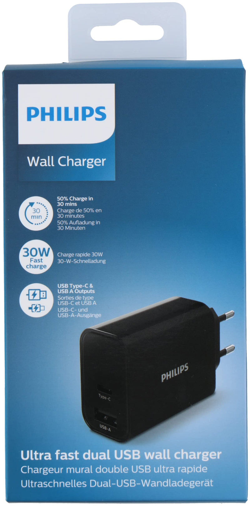 PHILIPS DLP2621/12 - USB charger - Type-C and USB-A outputs - 30 W fast charging - black