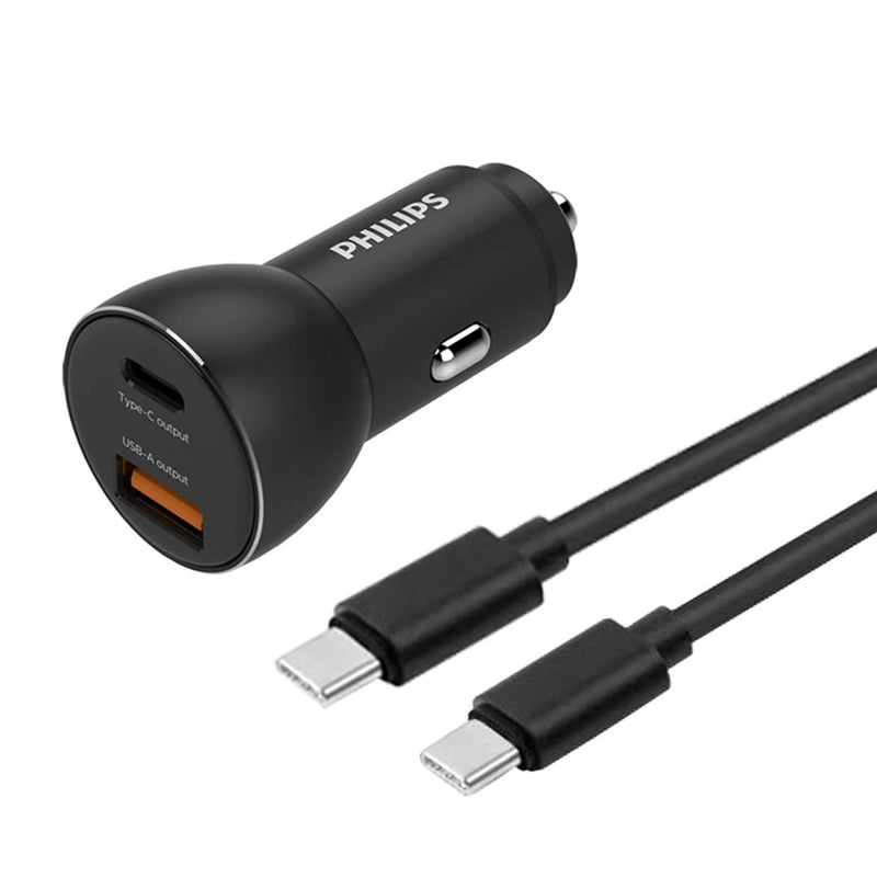 Philips DLP2521C/00 - Car charger with USB-A and USB-C ports and USB-C cable - USB-C to USB-C cable 1 meter - Black