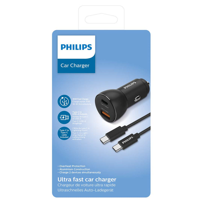 Philips DLP2521C/00 - Car charger with USB-A and USB-C ports and USB-C cable - USB-C to USB-C cable 1 meter - Black