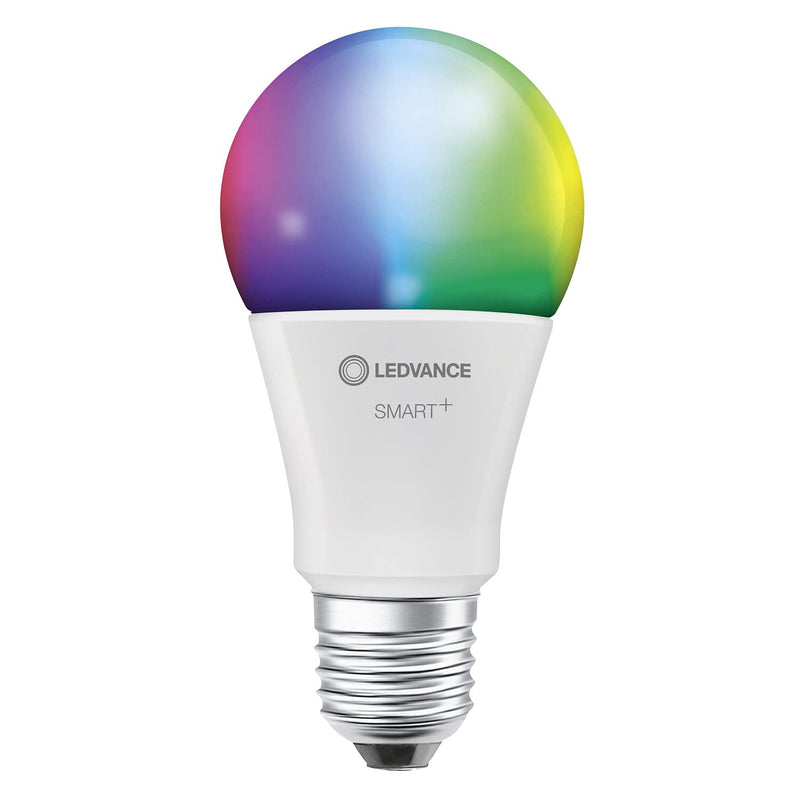 LEDVANCE Smart LED lamp with Bluetooth mesh technology, E27 base, light color changeable (2000-6500K), RGB colors changeable, replaces 60W incandescent lamps, controllable with Google and Alexa, pack of 4