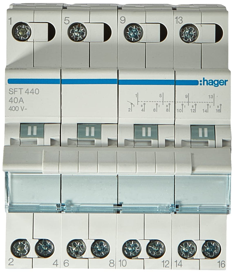 HAGER SFT440 - Commutateur 1-0-2 tétrapolaire 40A 4 modules avec commune en haut