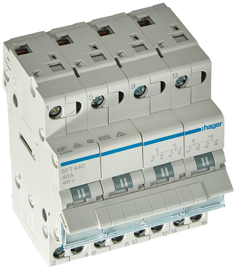 HAGER SFT440 - Commutateur 1-0-2 tétrapolaire 40A 4 modules avec commune en haut