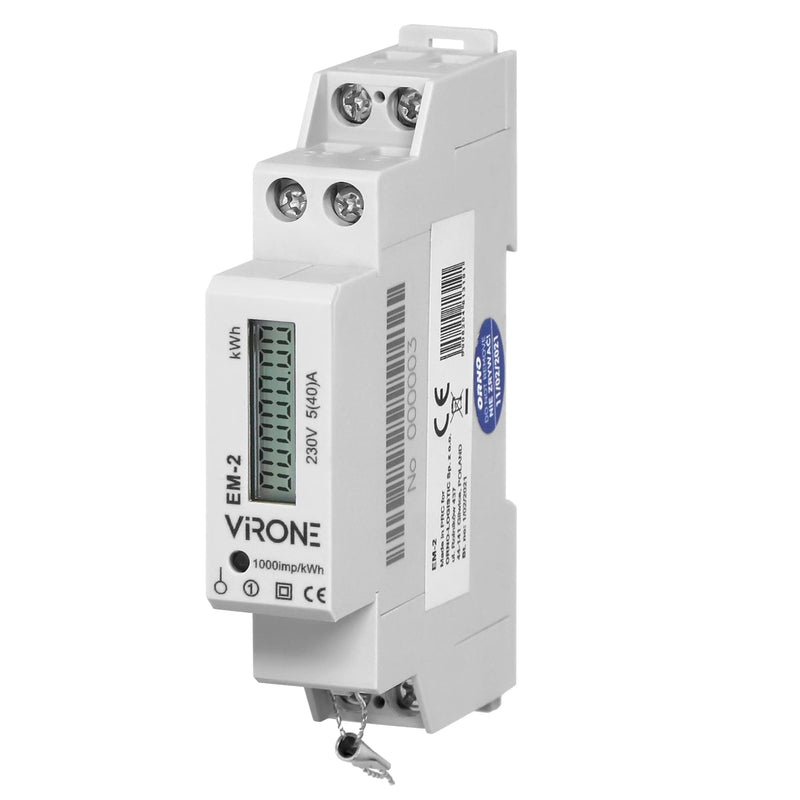 Virone EM-2 Digital AC Meter Single Phase Energy Meter, 40A, Pulse Output, 1 Module, DIN TH-35mm