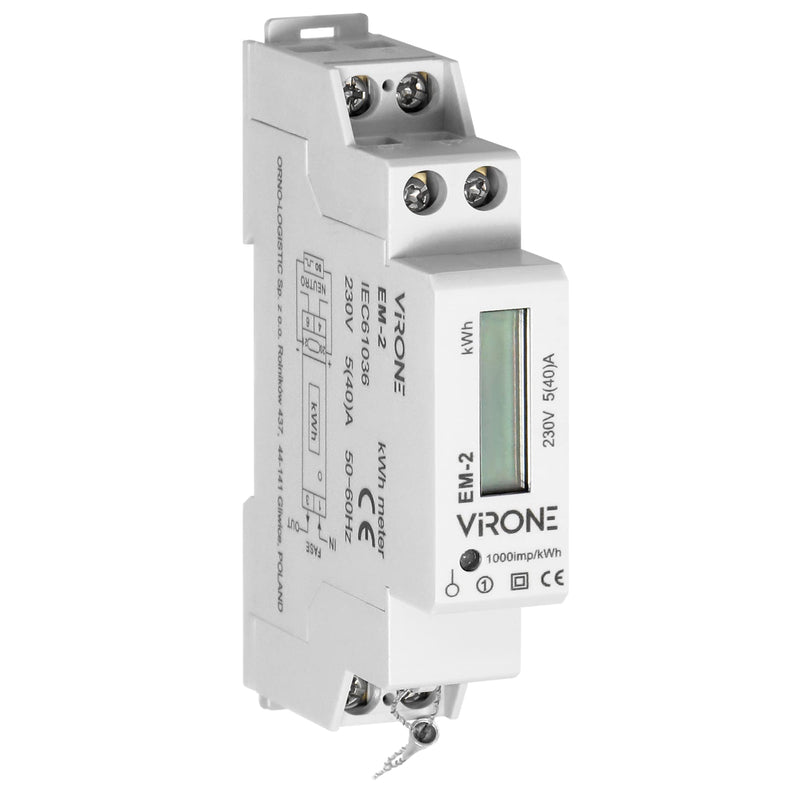 Virone EM-2 Digital AC Meter Single Phase Energy Meter, 40A, Pulse Output, 1 Module, DIN TH-35mm