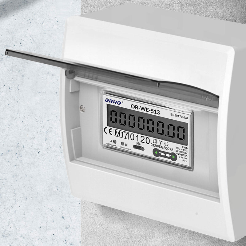 ORNO OR-WE-513 electricity meter DIN rail 3-phase display of power consumption with MID certificate, 0.25A - 80A, 3 x 230V/400V, 50/60Hz, 1000 imp/kWh