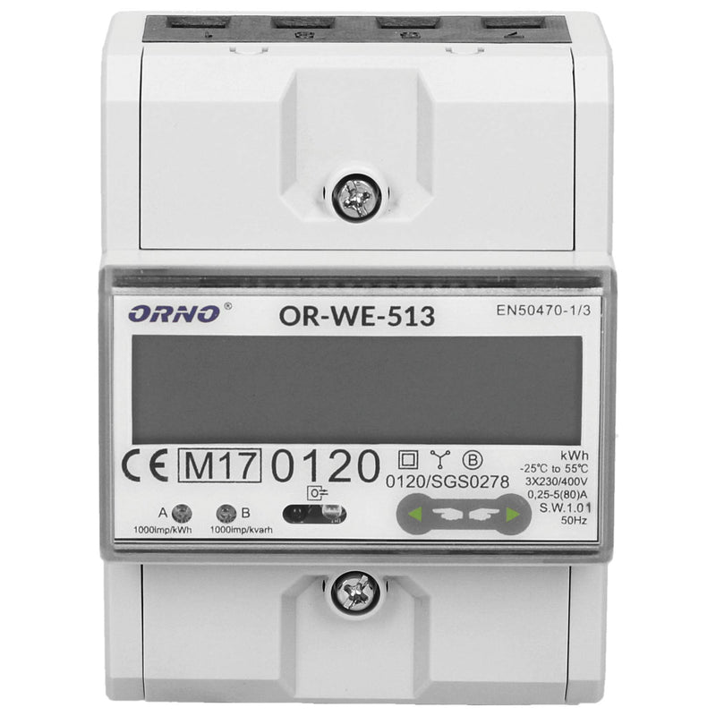 ORNO OR-WE-513 electricity meter DIN rail 3-phase display of power consumption with MID certificate, 0.25A - 80A, 3 x 230V/400V, 50/60Hz, 1000 imp/kWh