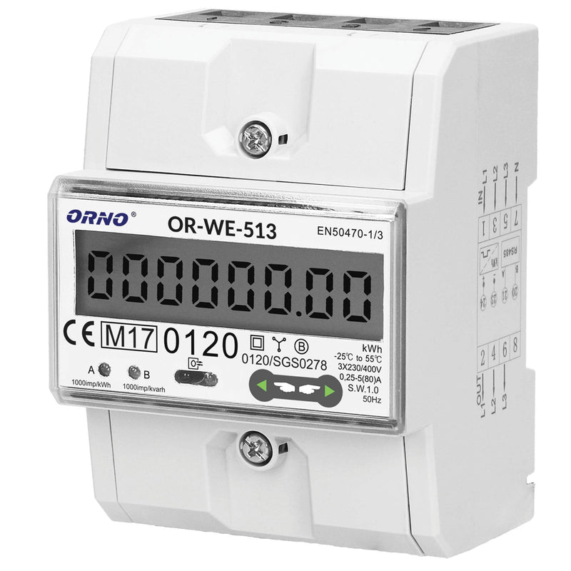 ORNO OR-WE-513 electricity meter DIN rail 3-phase display of power consumption with MID certificate, 0.25A - 80A, 3 x 230V/400V, 50/60Hz, 1000 imp/kWh