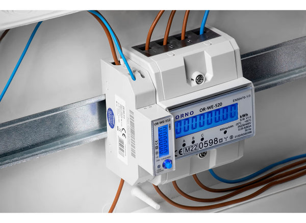 ORNO OR-WE-516 compteur électrique rail DIN affichage triphasé de la consommation électrique avec certificat MID, protocole de communication Modbus, 0,25A - 80A, 3 x 230V/400V, 50/60Hz, 1000 imp/kWh