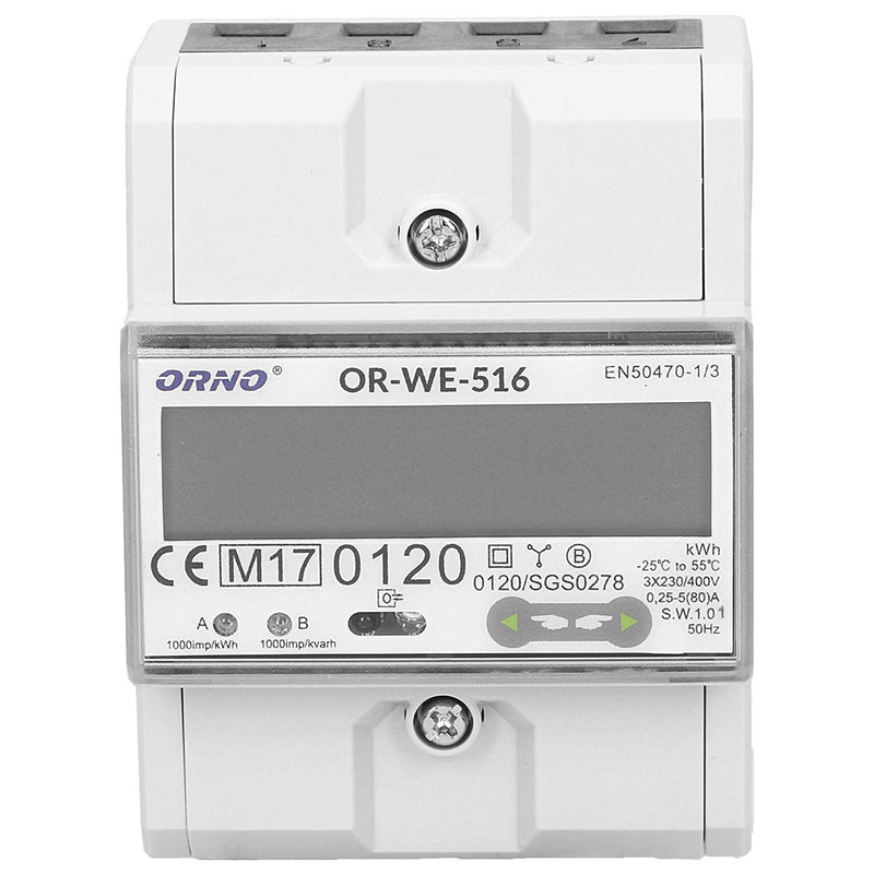 ORNO OR-WE-516 electricity meter DIN rail 3-phase display of power consumption with MID certificate, Modbus communication protocol, 0.25A - 80A, 3 x 230V/400V, 50/60Hz, 1000 imp/kWh