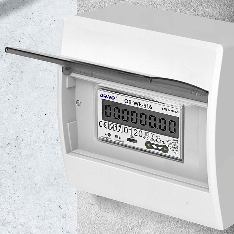 ORNO OR-WE-516 electricity meter DIN rail 3-phase display of power consumption with MID certificate, Modbus communication protocol, 0.25A - 80A, 3 x 230V/400V, 50/60Hz, 1000 imp/kWh