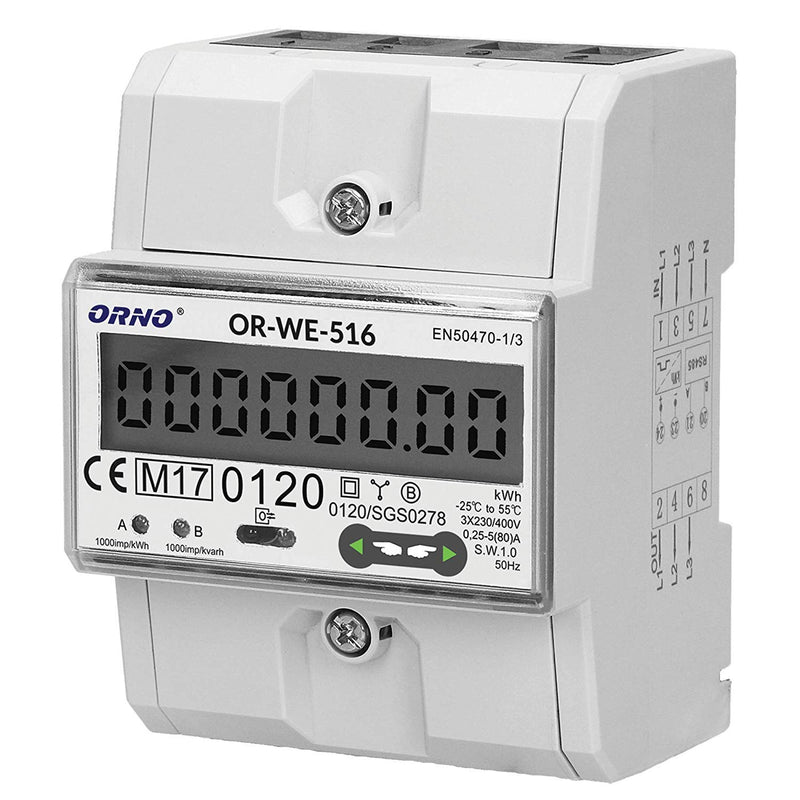 ORNO OR-WE-516 electricity meter DIN rail 3-phase display of power consumption with MID certificate, Modbus communication protocol, 0.25A - 80A, 3 x 230V/400V, 50/60Hz, 1000 imp/kWh