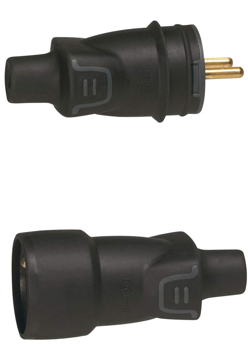 Legrand 50445 and 50446 - 2-pin plug with grounding - black or Legrand extension 16 A rubber output straight IP 44 (plug + extension)