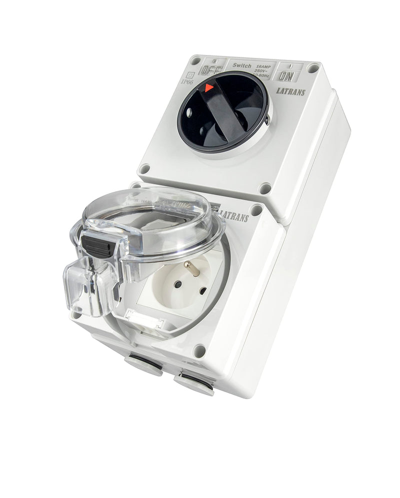 Surface-mounted damp room Schuko sockets 1-fold or 2-fold IP66 even when the plug is in operation (1-fold with on/off switch)