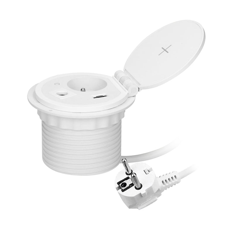 GM-9015 Prise de table, empilable, diamètre 8 cm, avec chargeur à induction, 2 ports USB, câble 1,8 m (blanc)