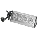 ORNO FS-4(GS) Ecksteckdose 3 Fach mit 2x USB, 45° Aufbau-Montage, Ideal für Küche, Büro und Arbeitsplatte, 3680W 16A (3 Fächer + Kabel + 2xUSB)