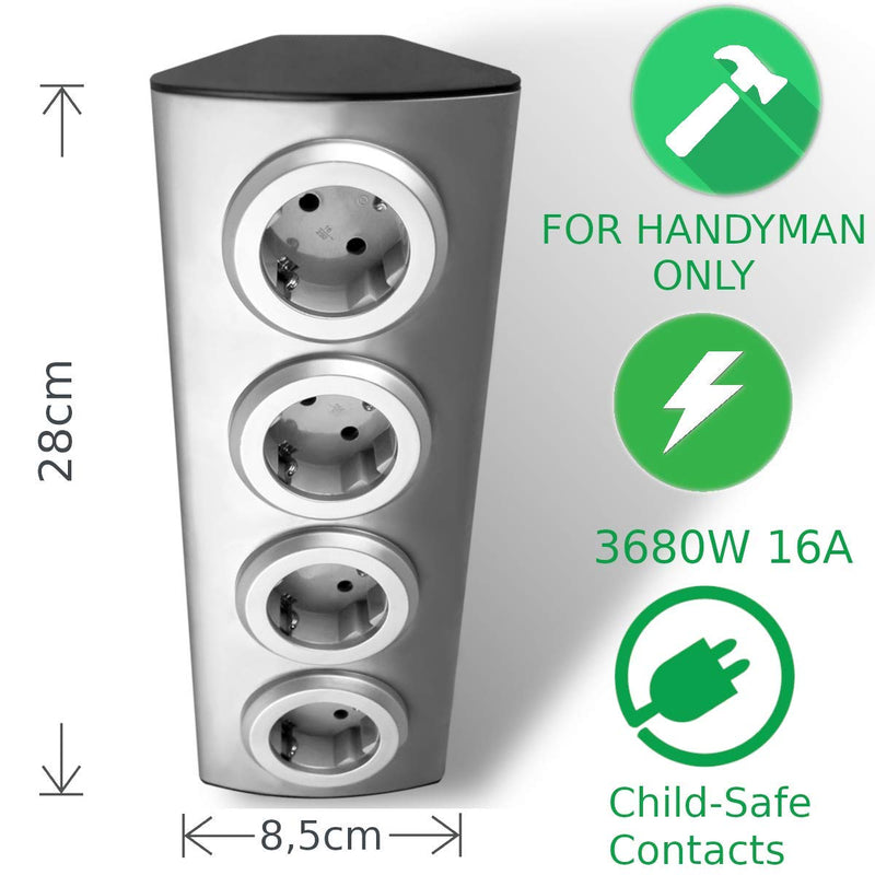 ORNO AE-1340(GS) corner socket 4 compartments with child safety lock, 45° surface mounting, ideal for kitchen, office and worktop, 3680W 16A (without cable)