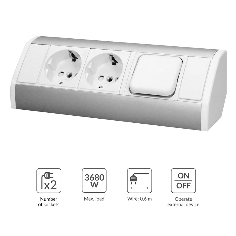 ORNO GM-9002/WG(GS) Corner Socket 2 Compartments with Switch and Child Lock 45° Surface Mounting, 3680W, for Kitchen, Office and Worktop (White)