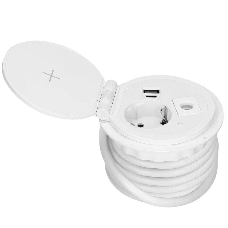 ORNO GM-9015 retractable table socket Ø8cm with induction charger, 2 USB ports (A, C) 1.8 m cable with cable gland (white)