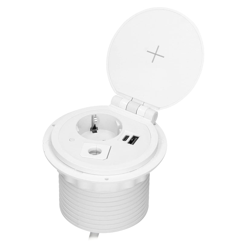 ORNO GM-9015 retractable table socket Ø8cm with induction charger, 2 USB ports (A, C) 1.8 m cable with cable gland (white)