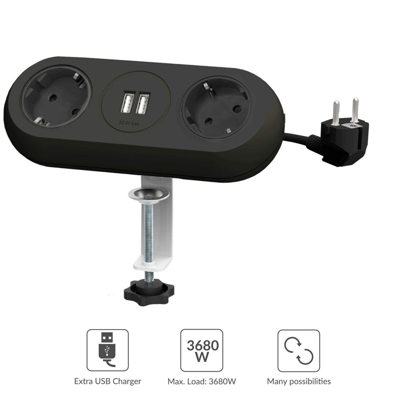 Orno AE-13133/W table socket 2-way with 2x USB charger, 1.4 meter cable length, color: black, 3680W Schuko (black)