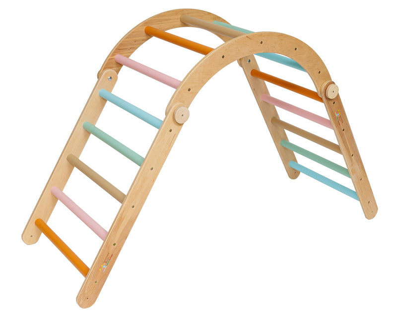 LATRANS Kletterdreieck mit Rutsche und Kletterbogen - Indoor-Klettergerüst für Kleinkinder ab 1 Jahr - Pikler-inspiriertes Kletterspielzeug Pstell und  Grille ( Rainbow) Farben Hergestellt im EU