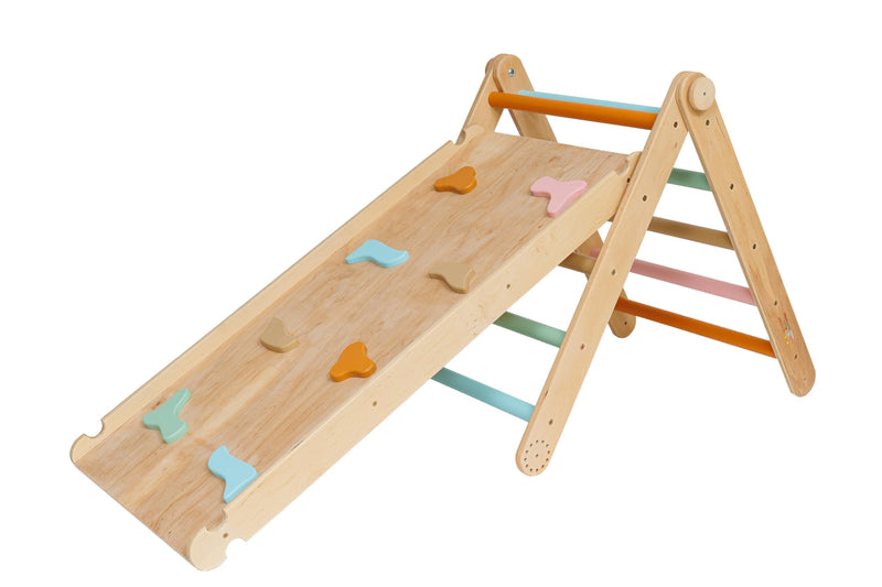 LATRANS Kletterdreieck mit Rutsche und Kletterbogen - Indoor-Klettergerüst für Kleinkinder ab 1 Jahr - Pikler-inspiriertes Kletterspielzeug Pstell und  Grille ( Rainbow) Farben Hergestellt im EU