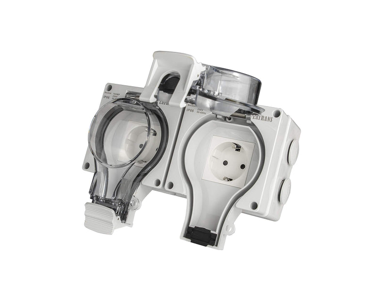 Surface-mounted Deuchtraum Schuko sockets 1-fold or 2-fold IP66 even when the plug is in operation (2-fold Schuko socket IP66)