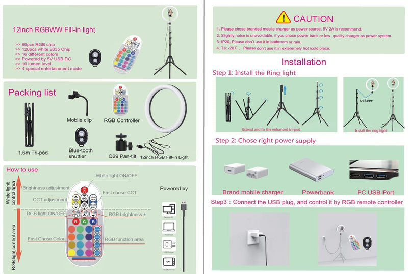 RGB Ringlicht Mit Stativ 160 cm, 12 zoll/ 30cm Ringlampe RGB mit Fernbedienung