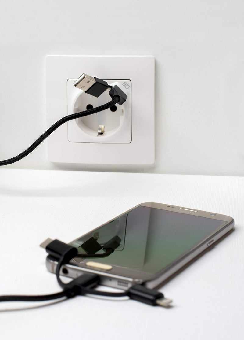 Latrans flush-mounted Schuko socket with USB C 2400mA and 4 in 1 universal charging cable for all smartphones, tablets, digital cameras, MP3 etc.